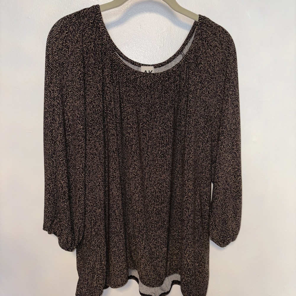 AK Anne Klein Women Black Floral Print 3/4 Sleeve‎ Scoop Neck Top Size 2X